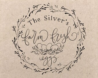 Egg Carton Rubber Stamp | Farm Fresh Eggs Nest Branch Wreath | Hand Drawn Farmhouse Design | Label Farmer’s Market Product Packaging | C04