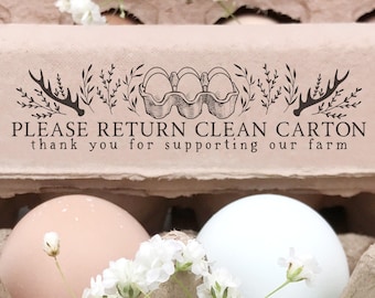 Egg Carton Rubber Stamp | 0.75x3 inch Please Return Clean Carton | Thank You Supporting Our Farm | Antler Design | Safe Handling | F06