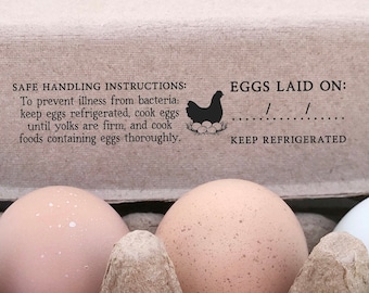 Egg Carton Rubber Stamp | 0.75x4 inch Safe Handling Instructions + Laid On Date | 2 in 1 stamp | Federal & State Law Legal Labeling | Z04