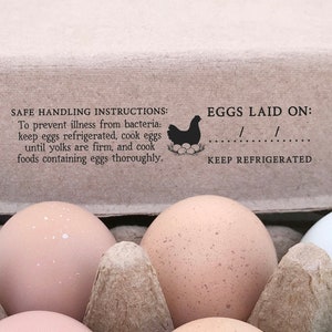 Egg Carton Rubber Stamp | 0.75x4 inch Safe Handling Instructions + Laid On Date | 2 in 1 stamp | Federal & State Law Legal Labeling | Z04