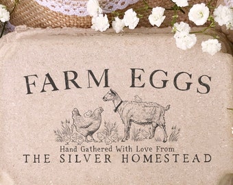 Egg Carton Rubber Stamp | 4x2 inch Goat + Chicken Hen + Chicks | Select Your Goat Breed | Label Farmer’s Market Packaging Sell Eggs | X09