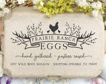 Egg Carton Rubber Stamp 4x2 inch | Prairie Ranch Half & Full Dozen Split Carton | Hand Drawn Hen + Chicks | Farmers Market Packaging | X05