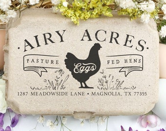 Egg Carton Rubber Stamp | 4x2 in Free Range Pastured Hen Half & Full Dozen Carton | Hand Drawn Vintage Farmhouse | Farm Fresh Label | X06