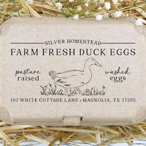 DUCK Egg Carton Stamp 4x2 inch | Custom Farm Name | Fits Half & Full Dozen Cartons | Pasture Raised Runner Ducks | Farmers Market Eggs | K08
