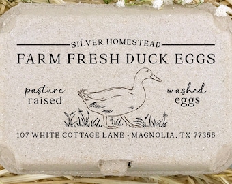 DUCK Egg Carton Stamp 4x2 inch | Custom Farm Name | Fits Half & Full Dozen Cartons | Pasture Raised Runner Ducks | Farmers Market Eggs | K08