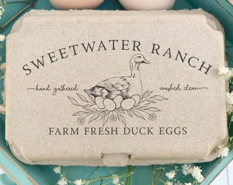 DUCK Egg Carton Rubber Stamp 4x2 inch | Half & Full Dozen Carton Labeling | Hand Drawn Pasture Raised Duck Nest | Farmers Market Fresh | K02