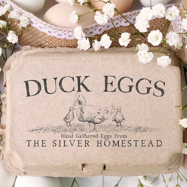 May include: A cardboard egg carton with the text "DUCK EGGS" printed on it. The carton is decorated with a drawing of three ducks and the text "Hand Gathered Eggs From THE SILVER HOMESTEAD".