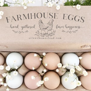 Egg Carton Stamp 6x2 | Farmhouse Eggs Hand Gathered Nesting Hen | Farm & Cottage Design | Label Farmer’s Market Rainbow Eggs | E02
