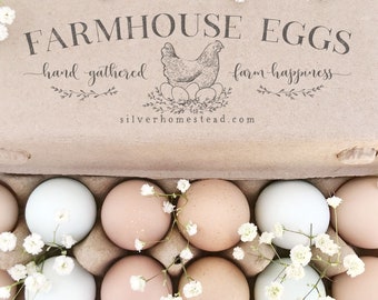 Egg Carton Stamp 6x2 | Farmhouse Eggs Hand Gathered Nesting Hen | Farm & Cottage Design | Label Farmer’s Market Rainbow Eggs | E02