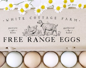 Egg Carton Rubber Stamp | 6x2 inch Nubian Dairy Goat + Chicken Hen + Chicks | Hand Drawn Farm Design | Label Farmer’s Market Packaging | E17