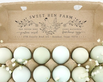 Egg Carton Rubber Stamp 6x2 inch | Pasture Raised Eggs Hand Gathered | Hand Drawn Nesting Hen Farmhouse Design | Address Stamp Label | E10