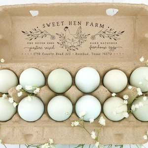 Egg Carton Rubber Stamp 6x2 inch | Pasture Raised Eggs Hand Gathered | Hand Drawn Nesting Hen Farmhouse Design | Address Stamp Label | E10
