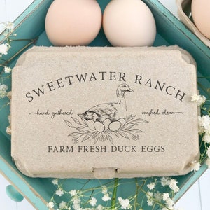May include: A brown cardboard egg carton with a white duck and a nest of eggs. The carton has the text 