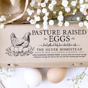 Egg Carton Rubber Stamp | 2 in 1 Pasture Raised Free Range | Hand Drawn Hen Farmhouse Design | Label Farmer’s Market Product Packaging | E11