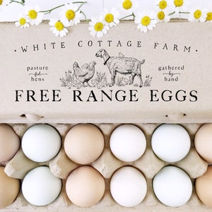 Egg Carton Rubber Stamp | 6x2 inch Nubian Dairy Goat + Chicken Hen + Chicks | Hand Drawn Farm Design | Label Farmer’s Market Packaging | E17