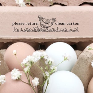 Egg Carton Rubber Stamp | 0.75x3 inch Please Return Clean Carton | Pasture Raised Bearded Olive Easter Egger Hen | F19