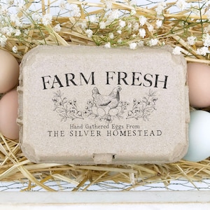 Egg Carton Rubber Stamp 4x2 inch | Farm Fresh Half & Full Dozen Split Carton | Hand Drawn Nesting Hen Floral Design | Farmers Market | X01