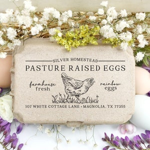 Egg Carton Stamp 4x2 inch | Farm Fresh Half & Full Dozen Cartons | Hand Drawn Easter Egger Bearded Hen | Farmers Market Fresh Eggs | X10