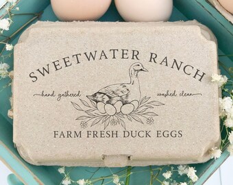 DUCK Egg Carton Stamp 4x2 inch | Half & Full Dozen Carton Labeling | Hand Drawn Pasture Raised Duck Eggs Nest | Farmers Market Fresh | K02
