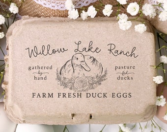 DUCK Egg Carton Rubber Stamp 4x2 inch | Half & Full Dozen Carton Labeling | Hand Drawn Pasture Raised Duck Nest | Farmers Market Fresh | K07