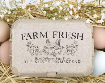 Egg Carton Rubber Stamp 4x2 inch | Farm Fresh Half & Full Dozen Split Carton | Hand Drawn Nesting Hen Floral Design | Farmers Market | X01