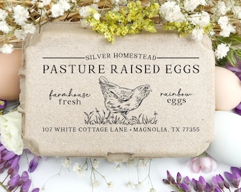 Egg Carton Stamp 4x2 inch | Farm Fresh Half & Full Dozen Cartons | Hand Drawn Easter Egger Bearded Hen | Farmers Market Fresh Eggs | X10