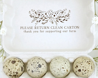 Quail Egg Carton Stamp | 3x1.25 inch Please Return Clean Carton | Coturnix Celadon Nest Design | Safe Egg Handling | Q02