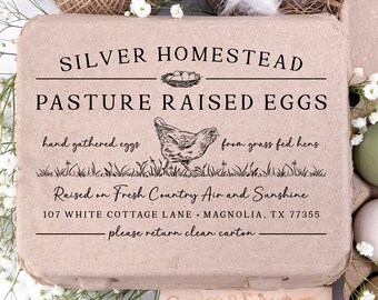 Vintage Square Egg Carton Rubber Stamp | 4x6 inch Free Range Pasture Fed Hen | Hand Drawn Farmhouse Design | Jumbo Henlay Big Label | J11