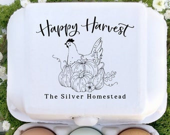 Egg Carton Rubber Stamp 2.5x3 inch | Happy Harvest Fall Pumpkin Nesting Hen | Fits iMagic Half Dozen Size | Autumn Farmers Market | I06