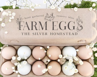 Egg Carton Rubber Stamp | Farm Eggs Nesting Hen Custom | Hand Drawn Farmhouse Design | Label Farmer’s Market Product Packaging | E03