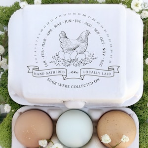Egg Carton Rubber Stamp | Date Laid On Nesting Hen | Circle Day Month | Farmhouse Design | Label Farmer’s Market Product Packaging | D01