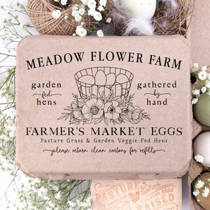Vintage Square Egg Carton Rubber Stamp | 4x6 inch Floral Garden Veggie Fed Hens | Hand Drawn Farmhouse Design | Jumbo Henlay Big Label | J12