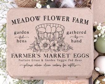 Vintage Square Egg Carton Rubber Stamp | 4x6 inch Floral Garden Veggie Fed Hens | Hand Drawn Farmhouse Design | Jumbo Henlay Big Label | J12