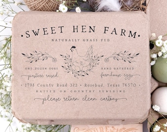 Vintage Square Egg Carton Rubber Stamp | 4x6 inch Leafy Branch Nesting Hen | Hand Drawn Farmhouse Design | Jumbo Henlay Big Label | J04
