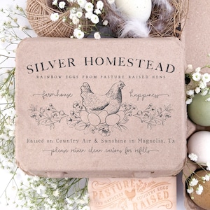 Vintage Square Egg Carton Rubber Stamp | 4x6 inch Floral Nesting Hen Bouquet | Hand Drawn Farmhouse Design | Jumbo Henlay Big Label | J02