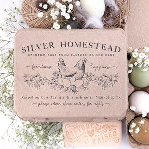 Vintage Square Custom Egg Carton Stamp | 4x6 inch Floral Nesting Hen | Hand Drawn Farmhouse Design | Jumbo Henlay One Dozen Cartons | J02