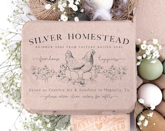 Vintage Square Custom Egg Carton Stamp | 4x6 inch Floral Nesting Hen | Hand Drawn Farmhouse Design | Jumbo Henlay One Dozen Cartons | J02