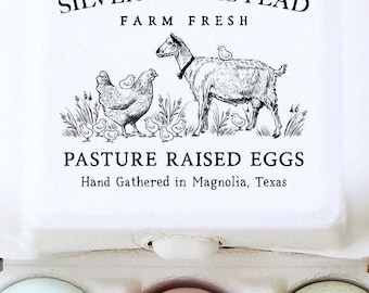 Egg Carton Rubber Stamp 2.5x3 inch | Pasture Raised Hen Chicks & Goat | Fits iMagic Half Dozen Size | Farmers Market Packaging | I07