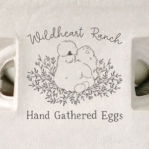 Square Egg Carton Rubber Stamp | Silkie Bantam Nesting Hen Design | 2x2 or 3x3 inch Farmhouse Label Farmer’s Market Product Sell Eggs | S07