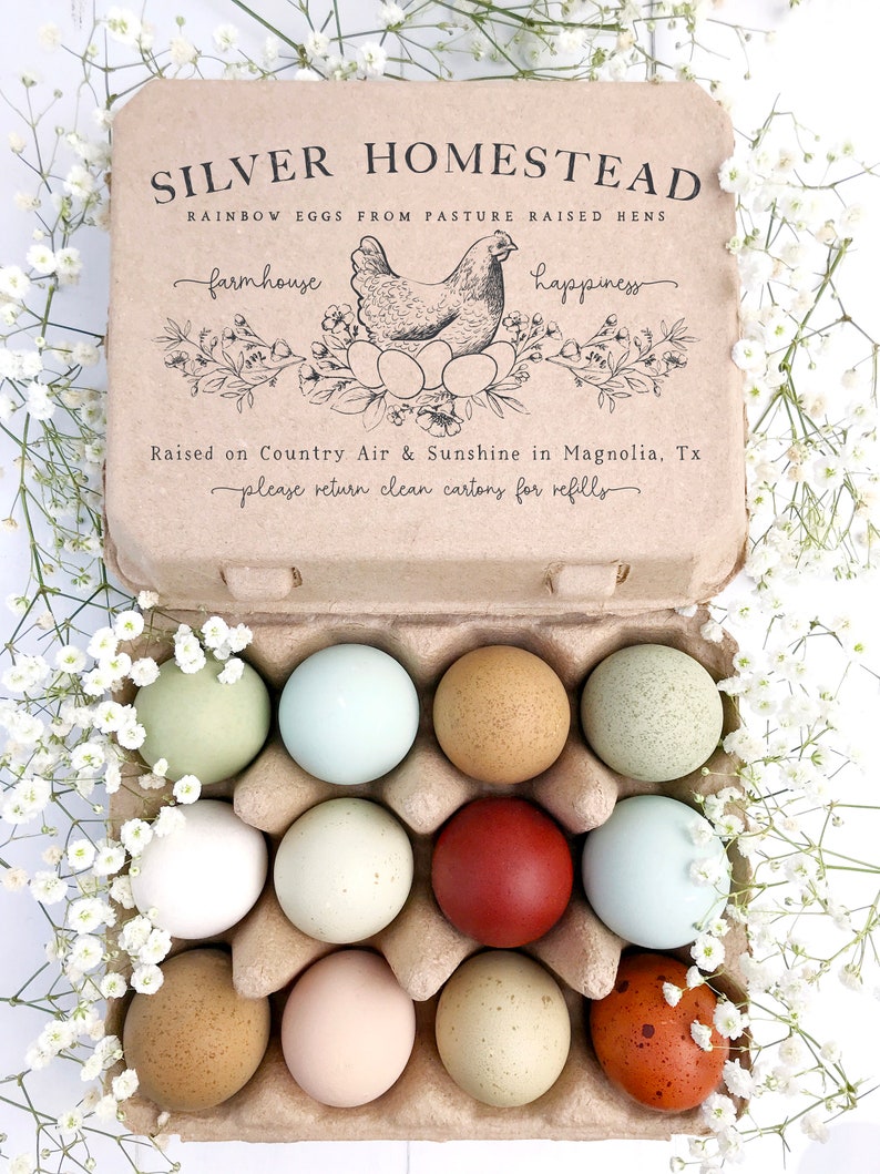 Vintage Square Custom Egg Carton Stamp | 4x6 inch Floral Nesting Hen | Hand Drawn Farmhouse Design | Jumbo Henlay One Dozen Cartons | J02 画像 3
