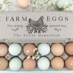 May include: A cardboard egg carton with a brown and white label that reads "FARM free ranging The Silver Homestead EGGS pastured hens". The carton is filled with brown and blue-green eggs.