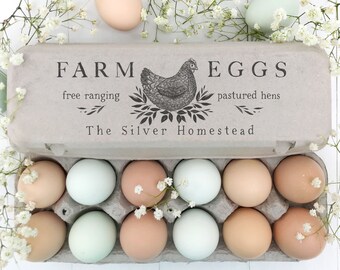 Egg Carton Rubber Stamp | Farmhouse Eggs Hand Gathered | Hand Drawn Farm & Cottage Design | Label Farmer’s Market Product Packaging | E07