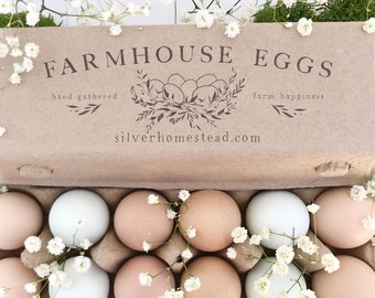 Egg Carton Rubber Stamp 6x2 | Farmhouse Happiness Hand Gathered | Handlettering Cottage Design | Label Farmer’s Market Eggs | E01