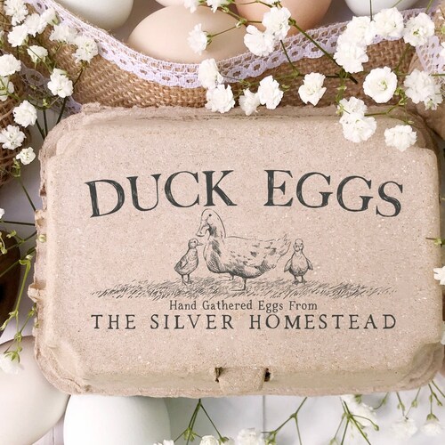DUCK Egg Carton Stamp 4x2 inch | Half & Full Dozen Carton Label | Hand Gathered Pasture Raised Ducklings | Farmers Market Fresh Eggs | K06