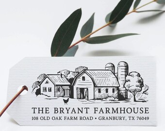 Farmhouse Address Rubber Stamp | 1.25x2.5 inch Chicken Barn New Country House | Ranch Farm Design | Mail Parcel Package Return Post | A05