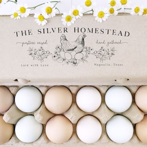 Egg Carton Rubber Stamp | Floral Nesting Hen & Eggs Bouquet | Hand Drawn Farmhouse Design | Label Farmer’s Market Product Packaging | E16