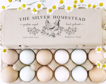 Egg Carton Rubber Stamp | Floral Nesting Hen & Eggs Bouquet | Hand Drawn Farmhouse Design | Label Farmer’s Market Product Packaging | E16