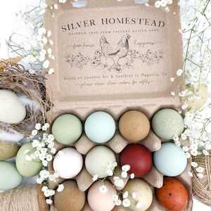 以下が含まれることがあります： 「SILVER HOMESTEAD」と「RAINBOW EGGS FROM PASTURE RAISED HENS」の文字が入った、段ボール箱に入った12個のレインボーカラーの卵。卵は白い花と羽の付いた巣に囲まれています。箱には「farmhouse」と「happiness」と書かれています。