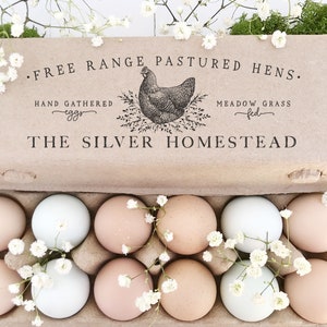 Egg Carton Rubber Stamp | Farmhouse Eggs Hand Gathered | Hand Drawn Farm & Cottage Design | Label Farmer’s Market Product Packaging | E08