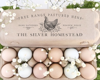 Egg Carton Rubber Stamp | Farmhouse Eggs Hand Gathered | Hand Drawn Farm & Cottage Design | Label Farmer’s Market Product Packaging | E08